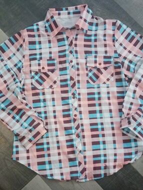 Source Unknown Pink, Brown and Blue Plaid Button-Down Shirt